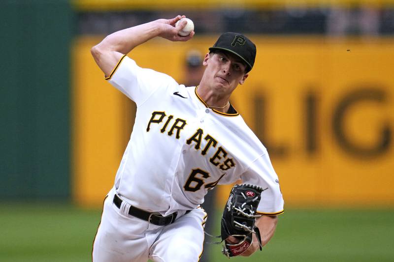Pittsburgh Pirates starting pitcher Quinn Priester delivers during the second inning of his major league debut against the Cleveland Guardians, Monday, July 17, 2023, in Pittsburgh.