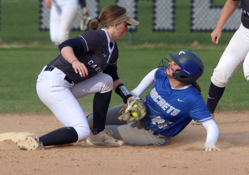 Cary-Grove’s Becca Weaver, left, applies the tag as Burlington Central’s Emily Falk is caught stealing in varsity softball at Cary Monday.