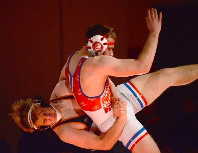 Oregon's Seth Rote (right) battles a Sandwich opponent in the 190-pound match at a triangular meet with Morrison on Friday, Jan. 31, 2025 in the Blackhawk Center at Oregon High School.