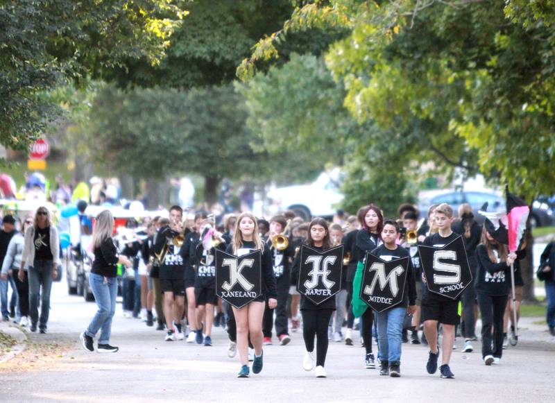 The Kaneland Harter Middle School Marching Band performs on Wednesday, Oct. 2, 2024 during the Kaneland High School homecoming parade in Elburn.
