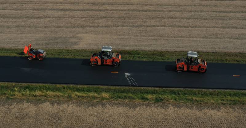 Crews resurface Illinois Route 251 on Friday, Oct. 17, 2025 near the intersection of North 39th Road just south of Mendota. Resurfacing work consists of patching and resurfacing, which is expected to be completed in mid-November. The work zone stretches from the BNSF railroad bridge south of Mendota to just north of Interstate 80 in Peru. The construction will continue into the spring with earth work. Motorists are asked to drive with caution through the construction zone. The Route 251 work between Mendota and Peru will lead to daily lane closures controlled by flaggers.