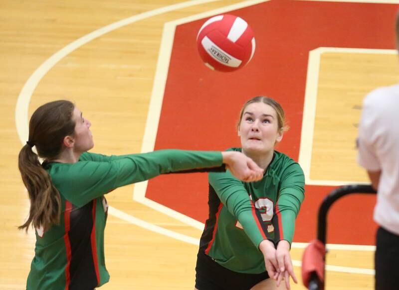 L-P's Drew Depenbrock and teammate Emma Jereb move toward the ball against Ottawa on Thursday, Oct. 17, 2024 in Kingman Gym at Ottawa High School.