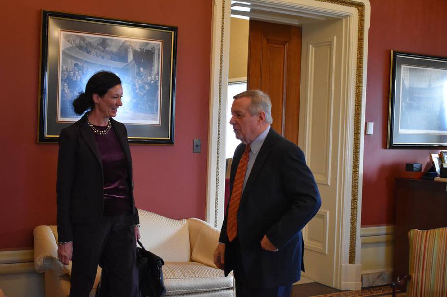 Colette Peters, director of the Bureau of Prisons, meets with U.S. Sen. Dick Durbin of Illinois, chairman of the Senate Judiciary Committee, in a meeting in Washington, D.C., on Dec. 14.
