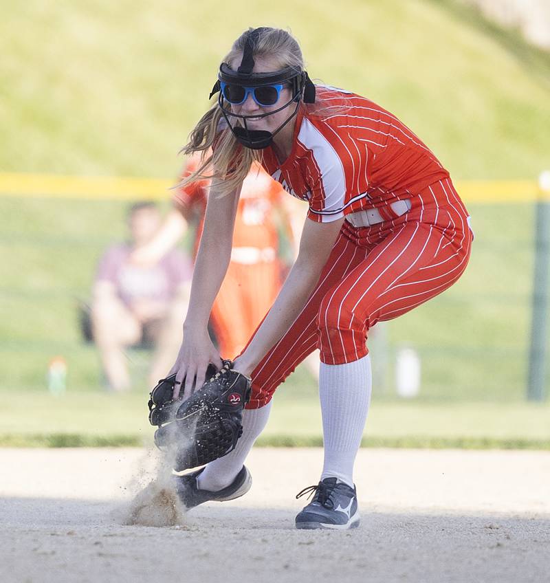 Milledgeville’s Addison Janssen fields a ball at short against Dakota Tuesday, May 26, 2026, at the Eastland Class 1A softball sectional quarterfinal.