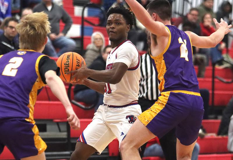 Dundee-Crown’s Terrion Spencer looks for an option against Wauconda in varsity basketball Friday, Dec. 20, 2024 at Dundee-Crown High School in Carpentersville.