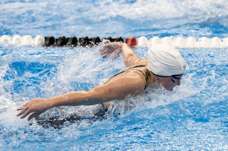 Lockport’s Haley Malloy competes in the 200 Yard Medley Relay during the IHSA Girls State Swimming Preliminaries at FMC Natatorium in Westmont on Nov. 14, 2025.