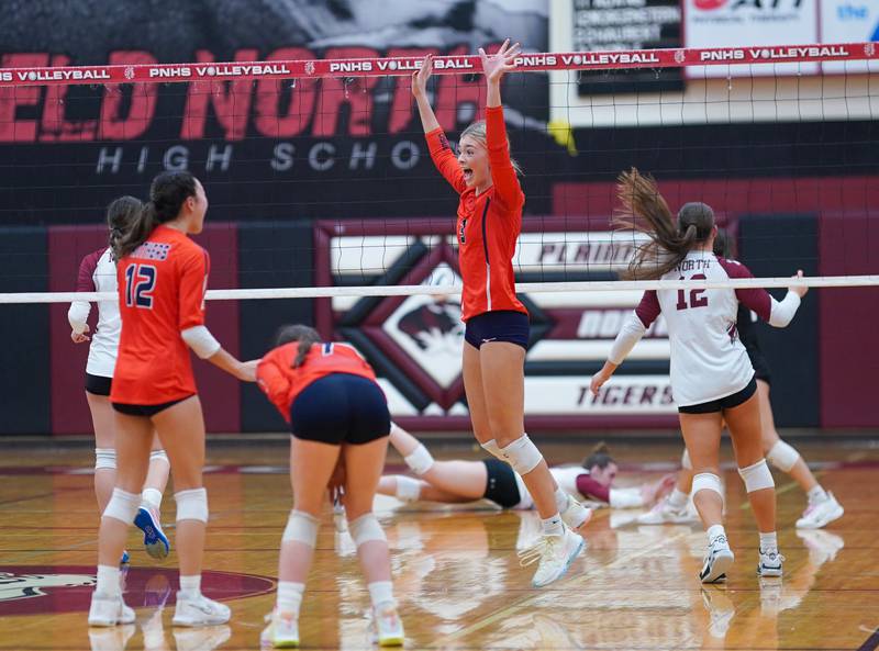 Oswego’s Riley Borrowman (3) reacts after Oswego defeats Plainfield North to win the class 4A Plainfield North regional volleyball final at Plainfield North High School on Thursday, Oct. 26, 2023.