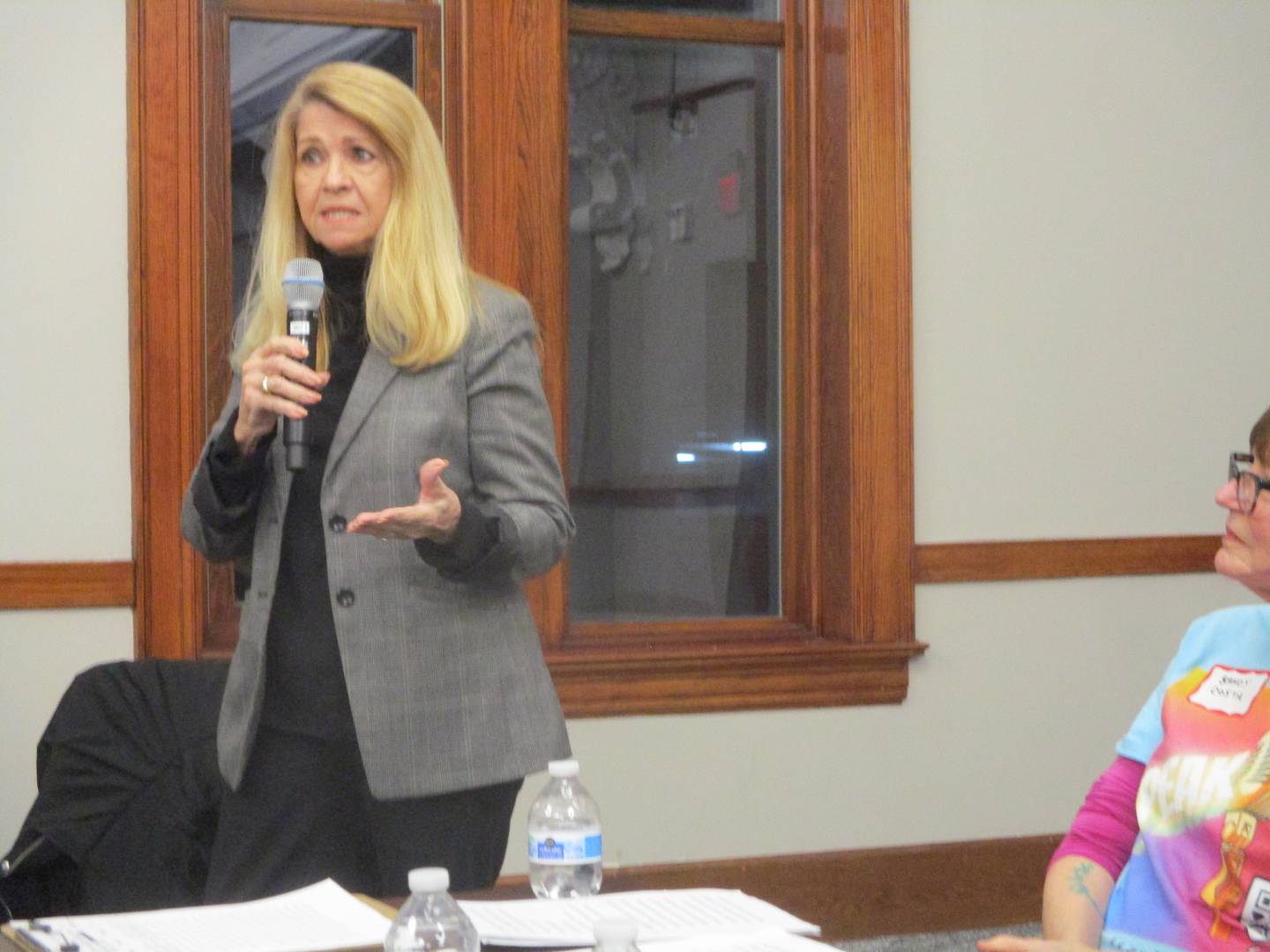 Councilwoman Jan Quillman speaks during the candidates' forum at the Joliet Public Library on Thursday. Feb. 19, 2025