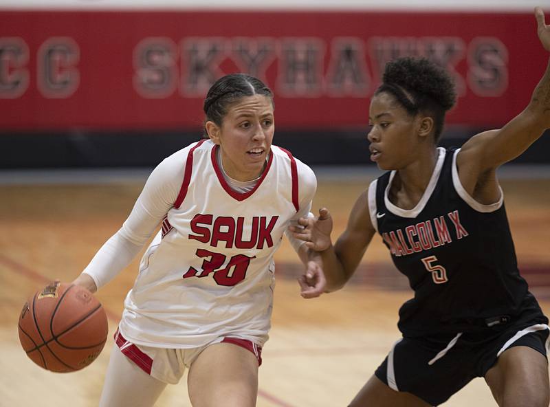 SVCC’s Harvest Day handles the ball against Malcom X’s Nia Allen Monday, Feb. 23, 2026.