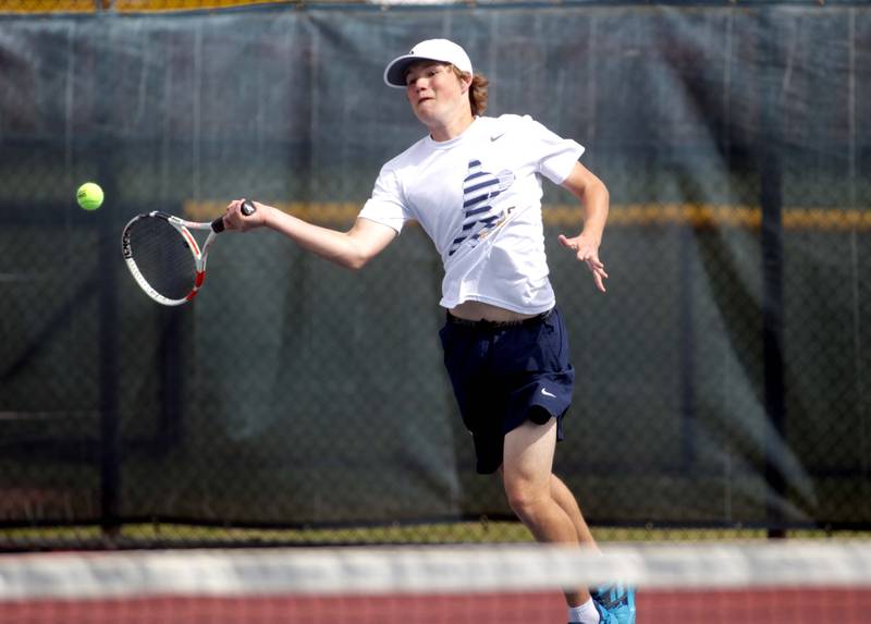 Sterling’s Brecken Peterson competes in the Class 1A Boys State Tennis Meet at Conant High School on Thursday, May 25, 2023.