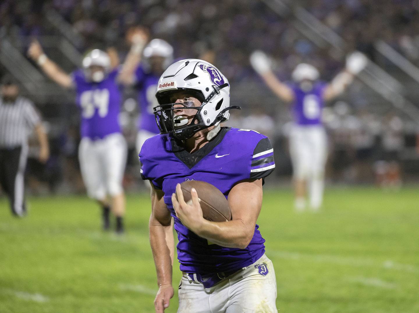 Dixon’s Landon Knigge eyes the end zone Friday, Oct. 3, 2025, against Stillman Valley.