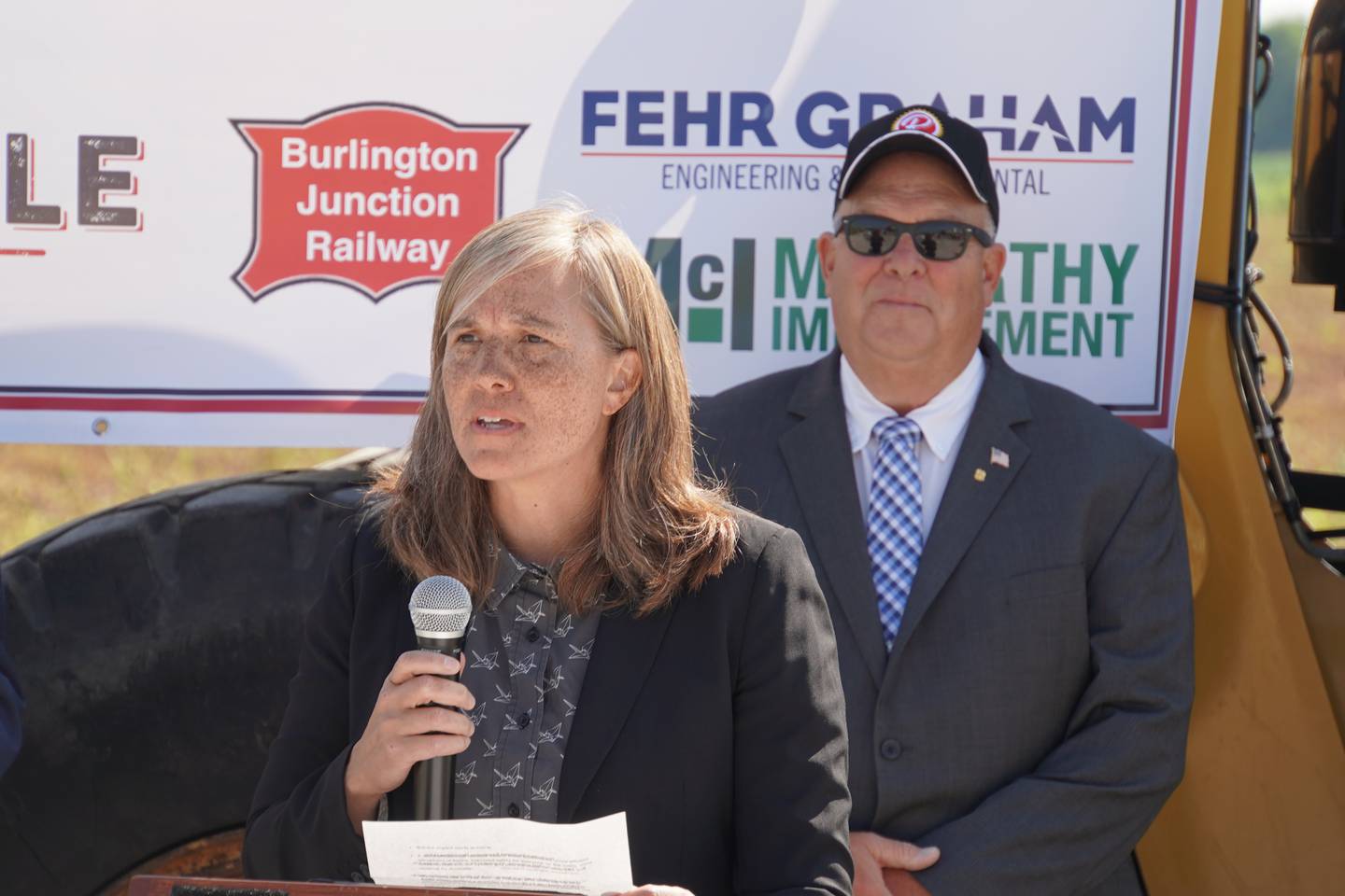 Illinois Secretary of Transportation Gia Biagi speaks at the City of Rochelle's groundbreaking for the expansion of its Rochelle Intermodal Transload Center at 1851 S. Steward Road on Aug. 14.