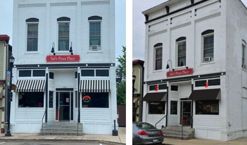 Existing and proposed awnings for Sal's Pizza Place in downtown Huntley. The village board approved a facade grant for the project.