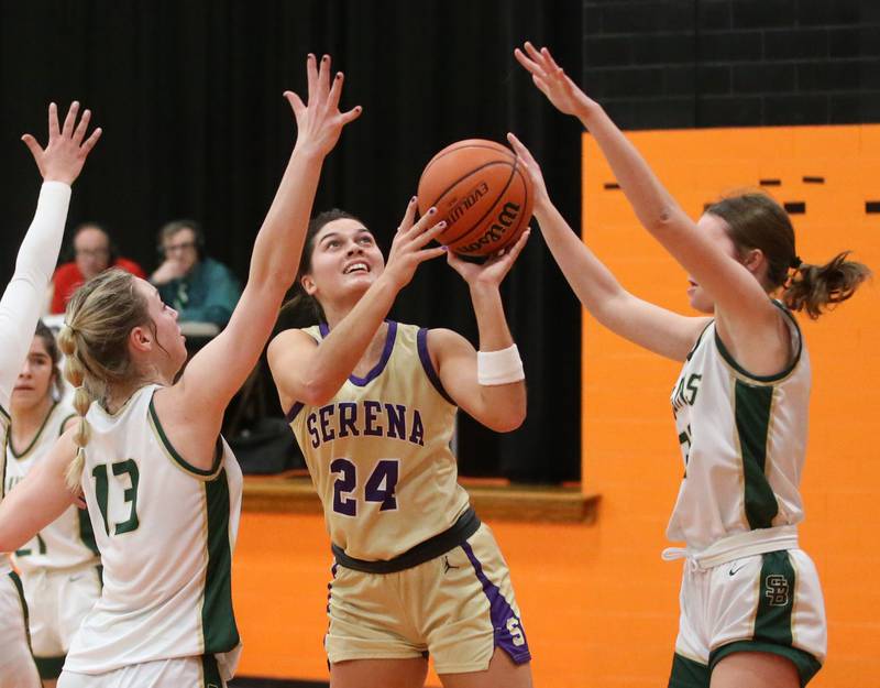 Serena's Paisley Twait looks to shoot between St. Bede defenders Ashlyn Ehm and Quinn McClain during the Class 1A Sectional final game on Thursday, Feb. 22, 2024 at Gardner-South Wilmington High School.