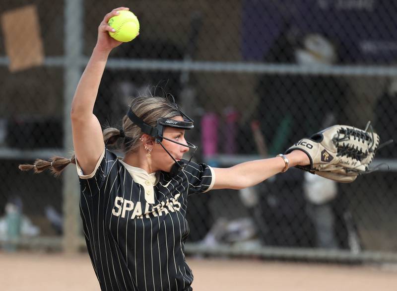 Sycamore's Bella Jacobs delivers a pitch Monday, May 12, 2025, during their game against Ottawa at Sycamore High School.