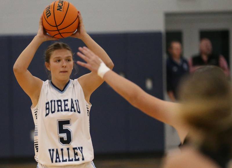Bureau Valley's Emiily Wright looks to pass against Riverdale during the Thanksgiving Tournament on Wednesday, Nov. 20, 2024 at Bureau Valley High School.