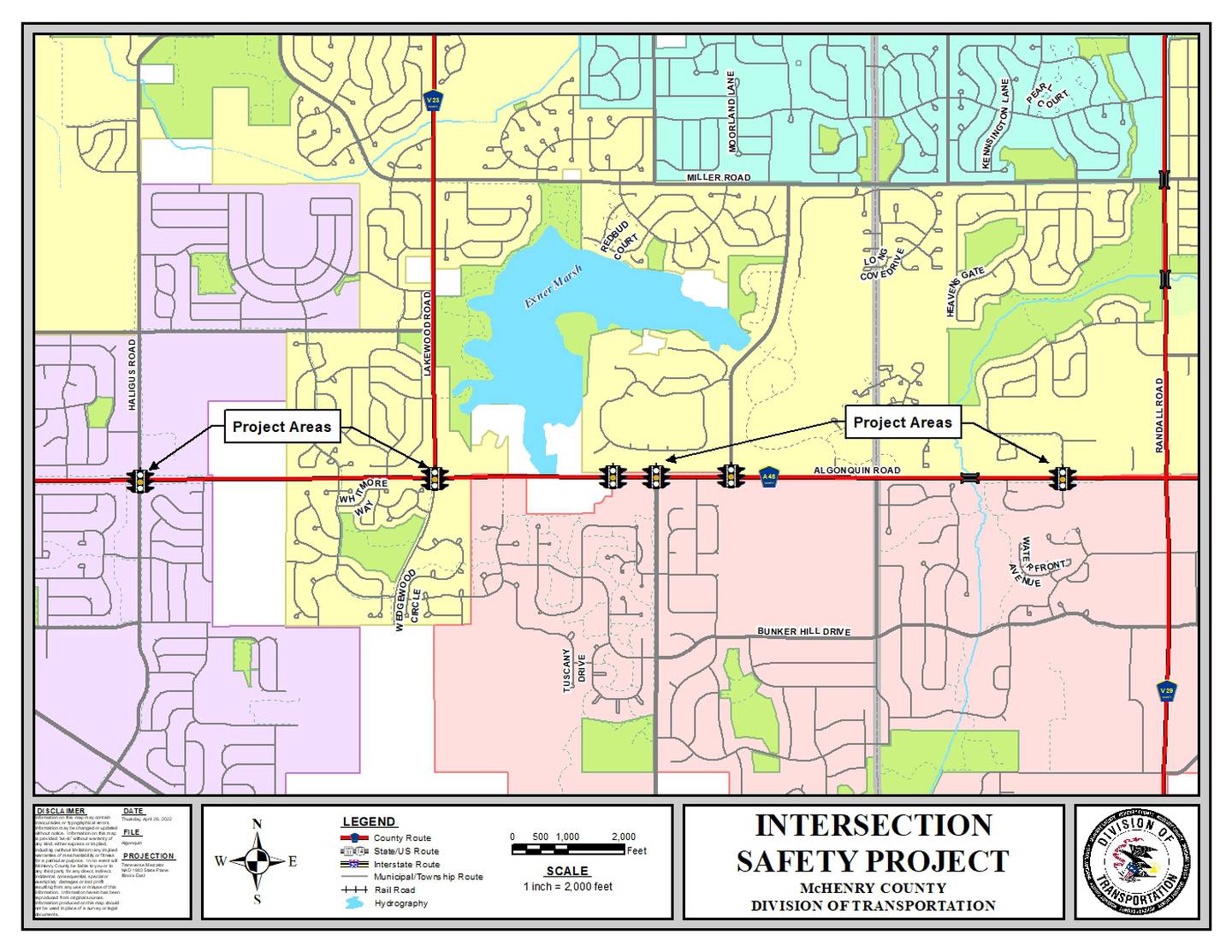 A map of the intersections along Algonquin Road that will have new equipment installed as part of McHenry County's 2022 construction program.