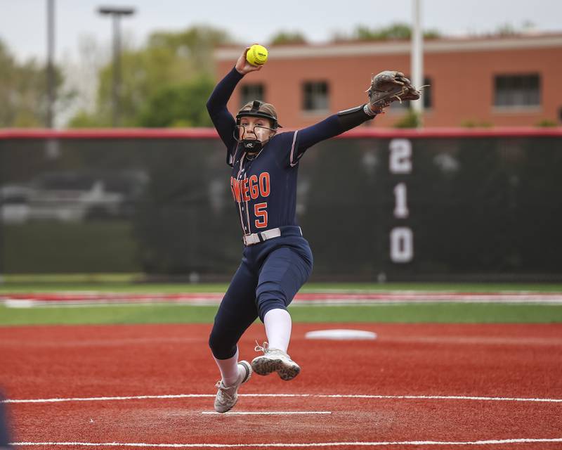 Oswego's Adalynn Fugitt (5) winds up her delivery during softball game between Oswego at Yorkville. May 5, 2026 in Yorkville.