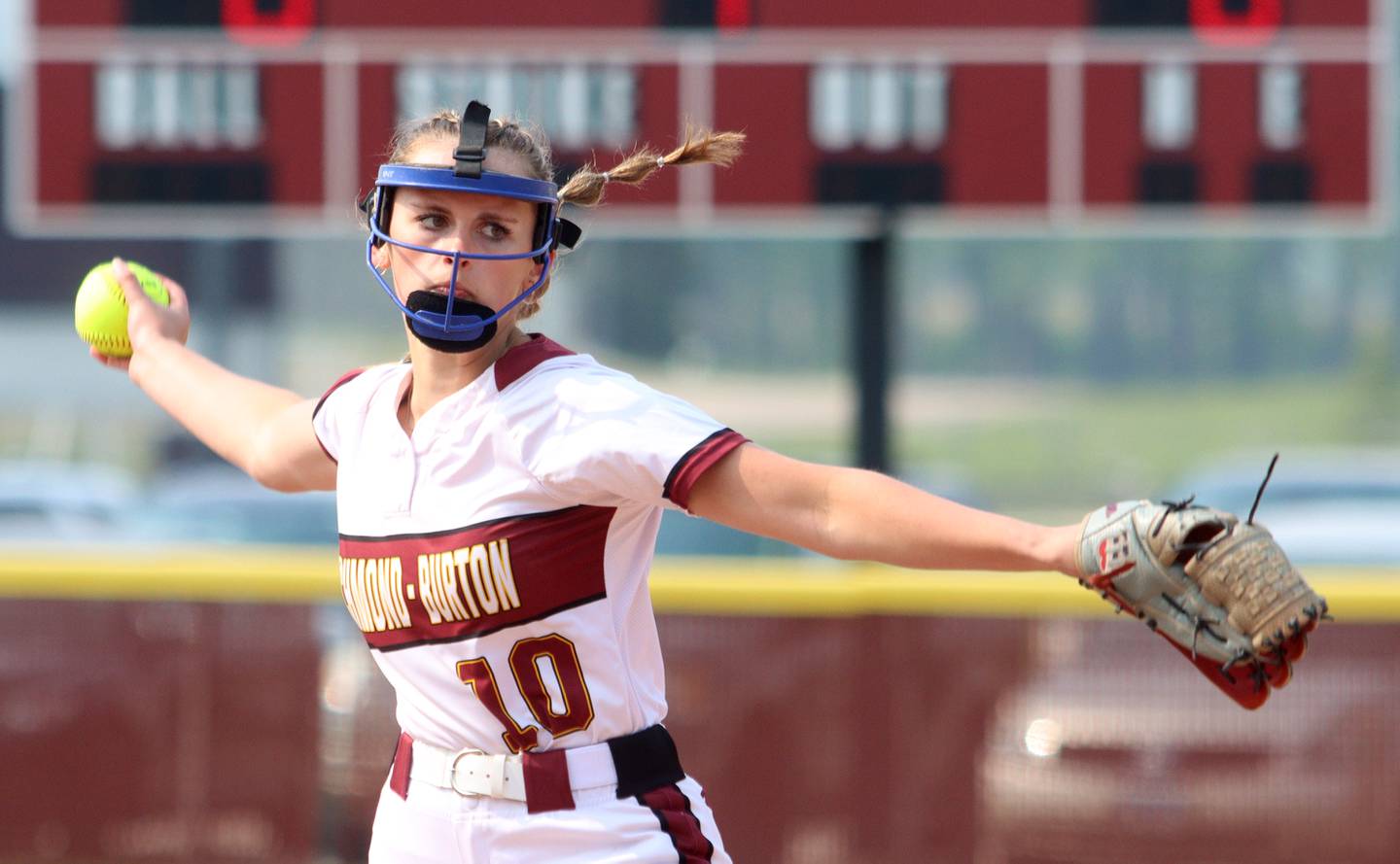 Richmond-Burton’s Hailey Holtz makes an offering against Regina Dominican in Class 2A Regional title softball action at Richmond Friday night.