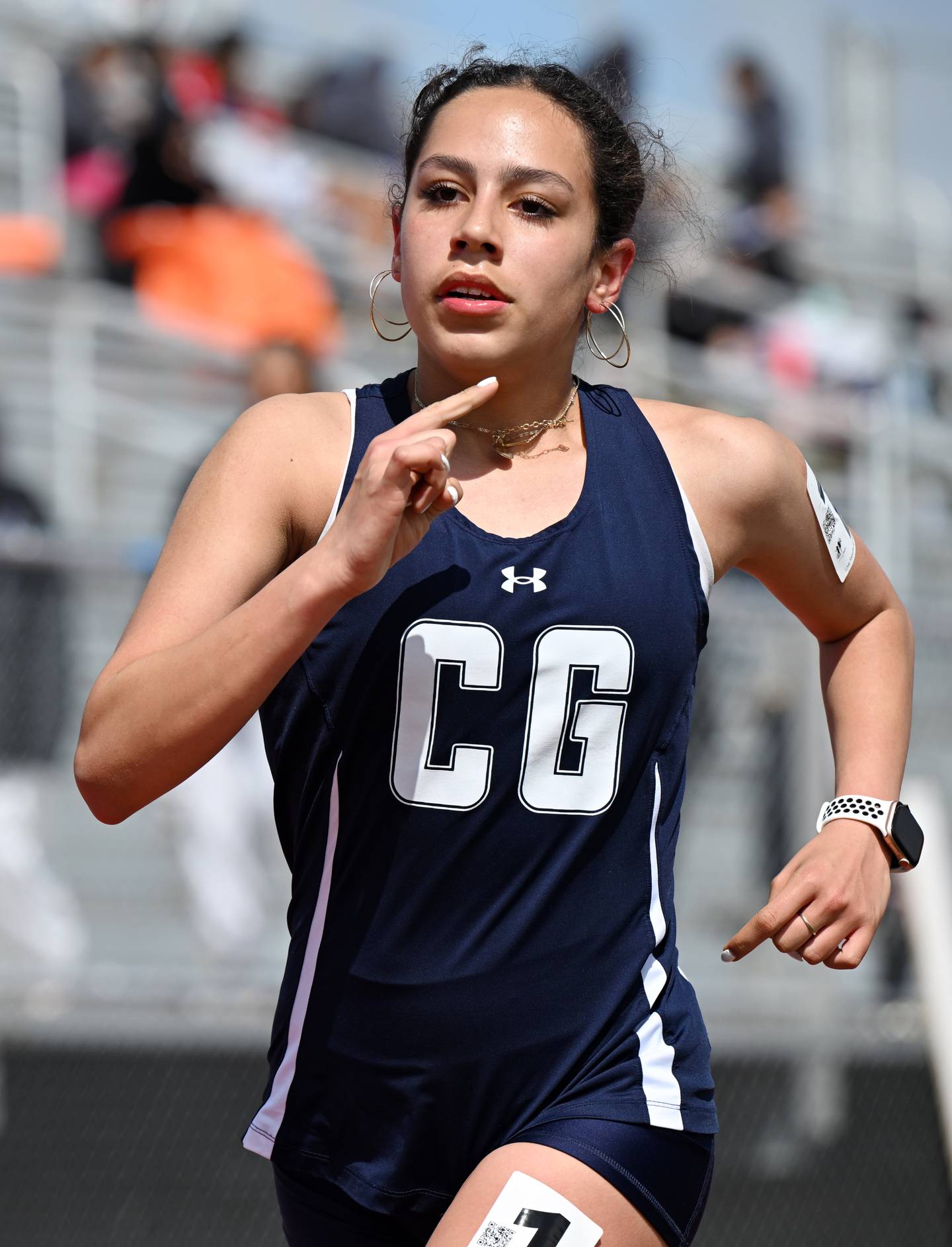 Cary-Grove’s Alexandra Santoyo runs toward a victory in the 3,200-meter run during the Palatine girls track and field invitational on Saturday, April 26, 2025 in Palatine.