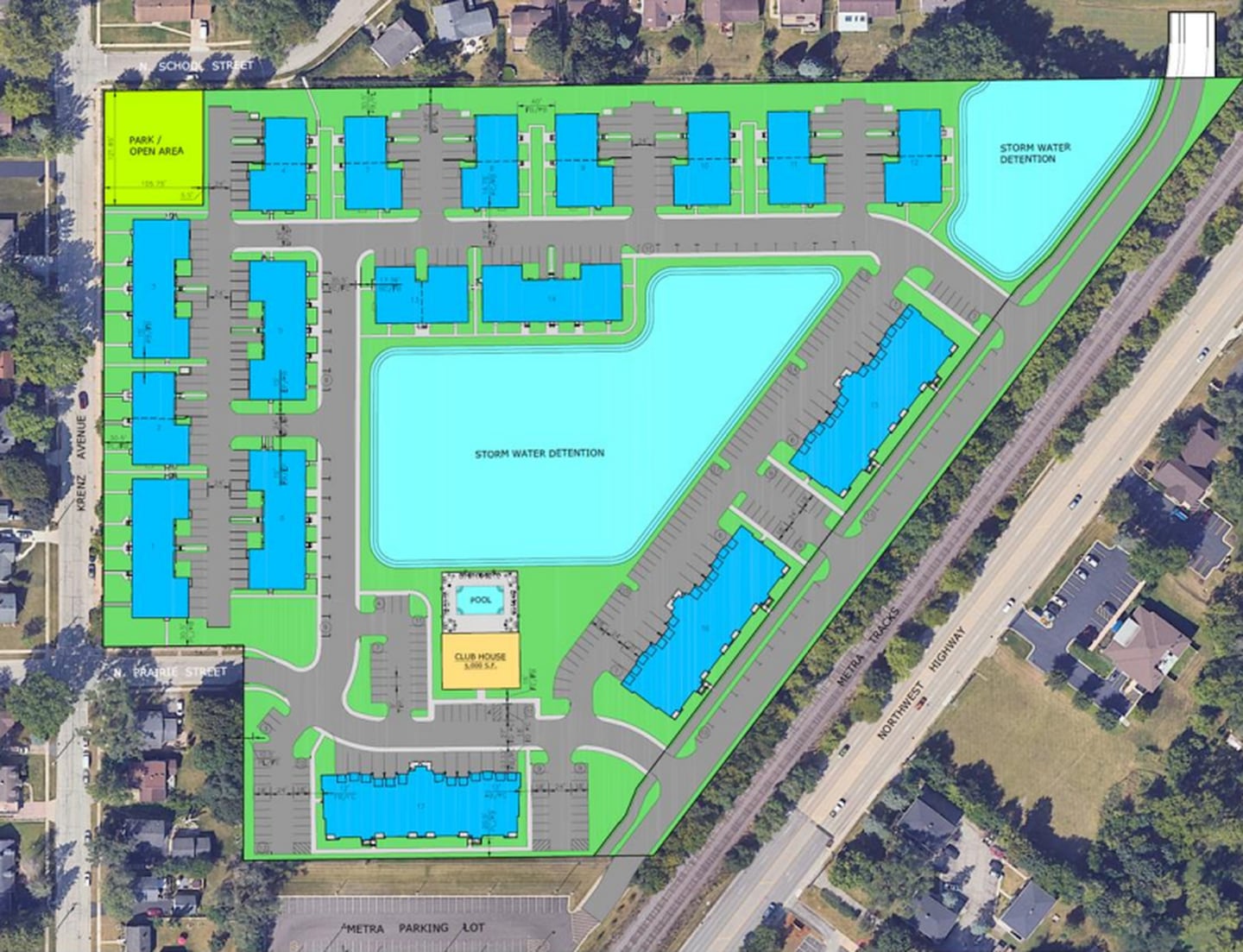 Option 3: An overview plan of a townhome and apartment complex development in Cary proposed by Alessio Companies.