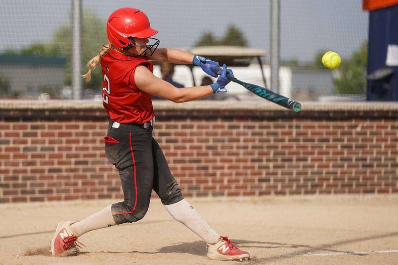Yorkville's Brooke Ekwinski singles against Oswego during a softball game at Oswego High School on Thursday, May 15, 2025.
