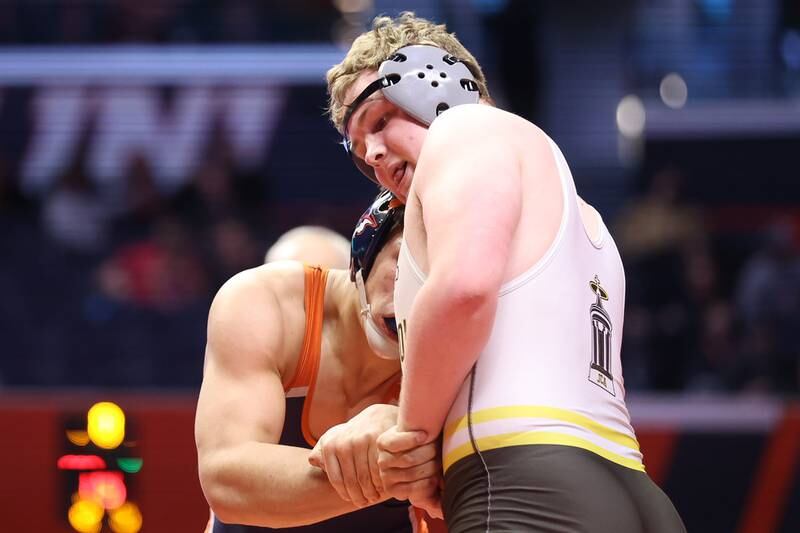 Joliet Catholic’s Owen Gerdes works against Mahomet’s Mateo Casillas in the Class 2A 195lb. 3rd place match at State Farm Center in Champaign. Saturday, Feb. 19, 2022, in Champaign.