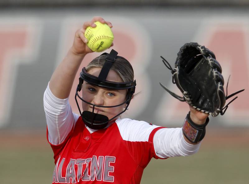Palatine’s Holly Steffus throws a pitch during a non-conference softball game against Jacobs Monday, March 20, 2023, at Palatine High School.