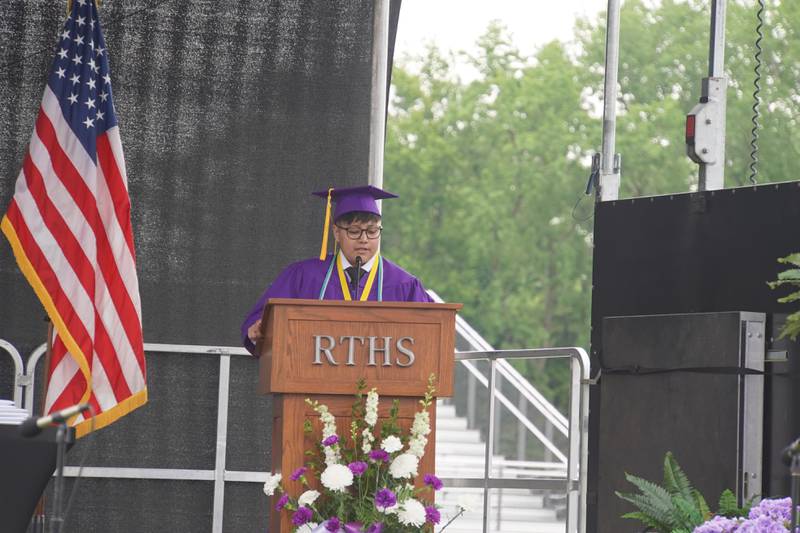 Rochelle Township High School senior Laila Guadalupe Vazquez speaks at the school's graduation ceremony on Saturday, May 23, 2026.