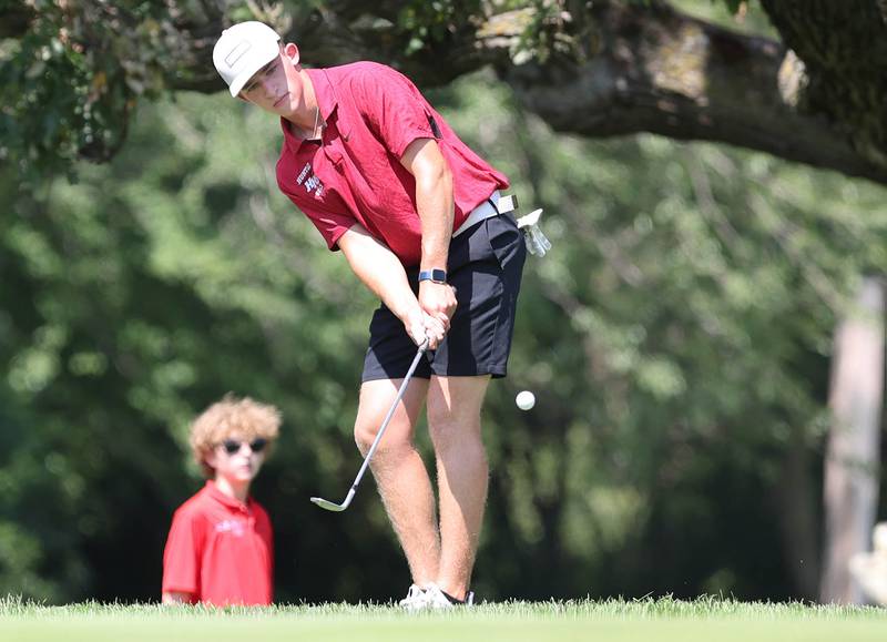 Huntley's Brendan Busky chips onto the 7th green Monday, Aug. 22, 2022, during the Mark Rolfing Cup at Kishwaukee Country Club in DeKalb.