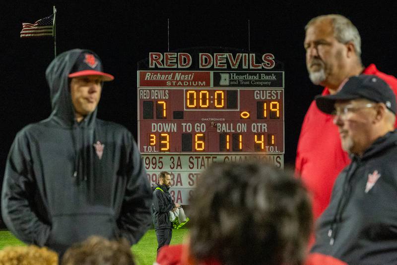Hall's football team talks after 7-19 loss against Erie-Prophetstown on Friday, Sept 5, 2025 at Richard Nesti Stadium in Spring Valley.