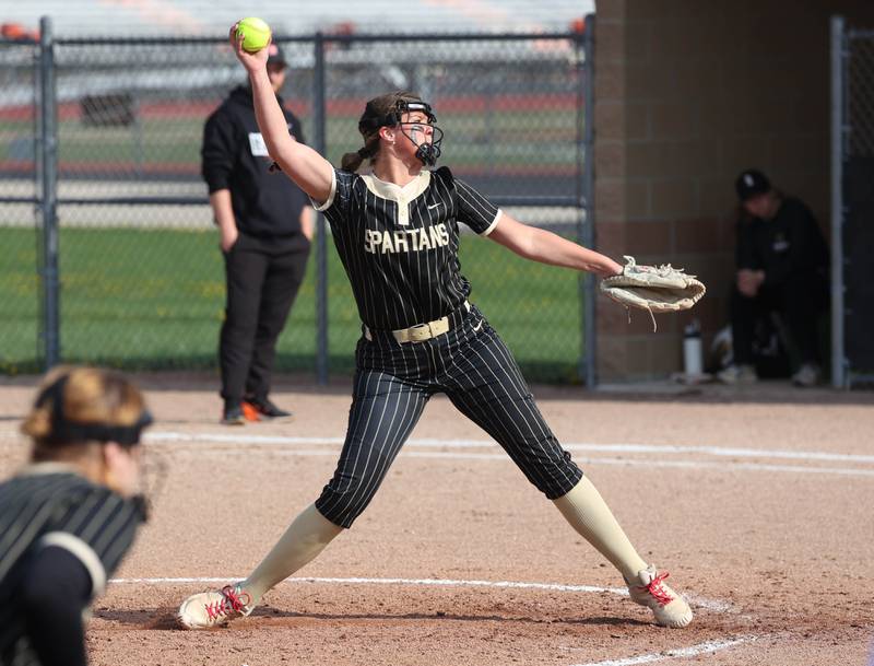 Sycamore's Addison Dierschow delivers a pitch Friday, May 2, 2025, during their game at DeKalb High School.