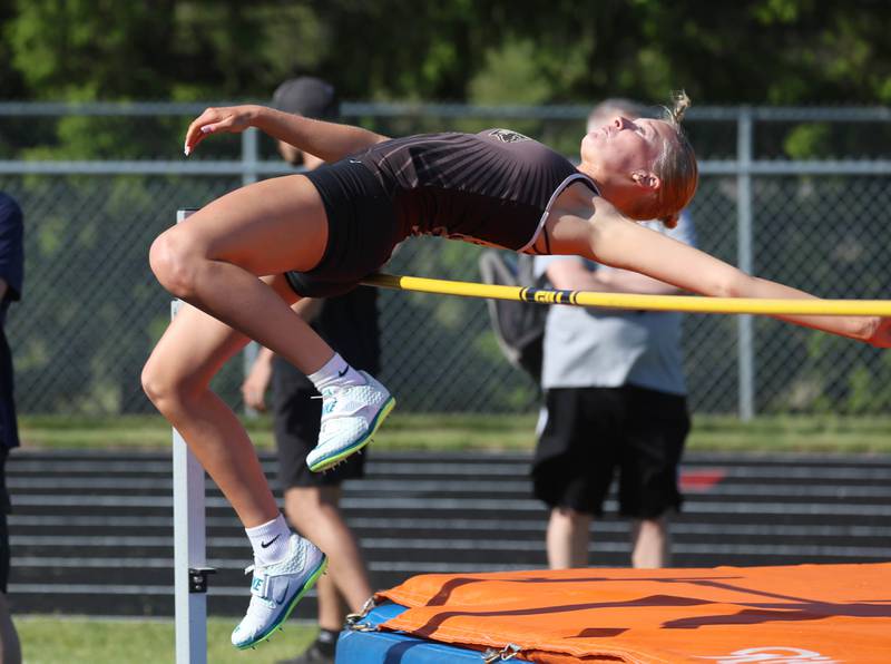 Sycamore’s Reese Becker clears the bar in the high jump Friday, May 15, 2026, during the Class 2A girls track sectional at Genoa-Kingston High School.