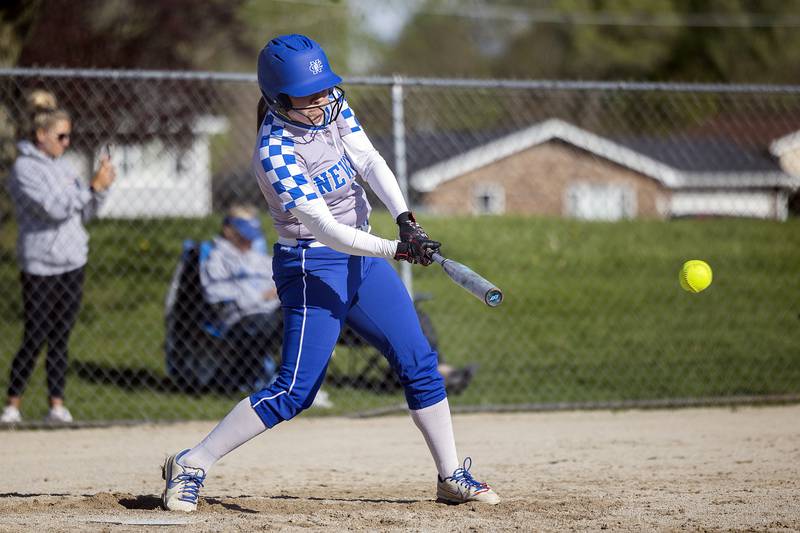 Newman’s Amiya Rodriguez drives in a run against Princeton Monday, April 29, 2024.