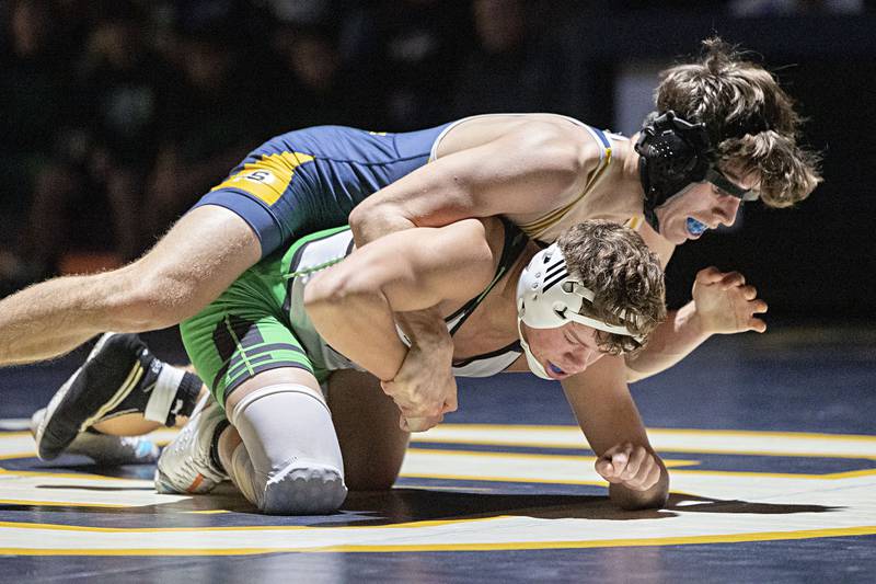 Sterling’s Austin Clemens controls Rock Falls’ Kornin Oligney at 145 pounds Wednesday, Dec. 21, 2022 in Sterling. Clemens won 3-1.