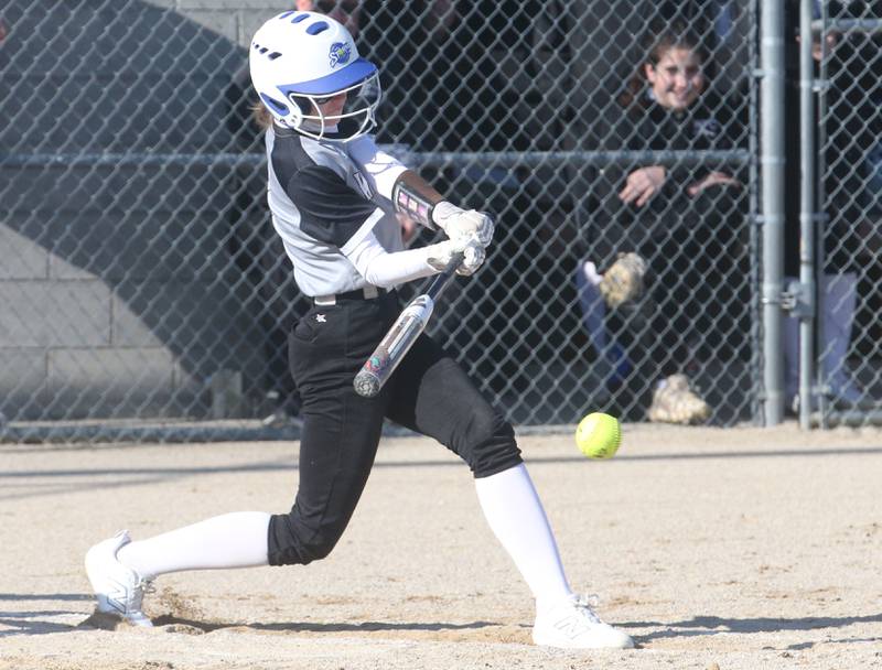 Woodland/Flanagan-Cornell's Addyson Ewing smacks a hit against St. Bede on Tuesday, April 8, 2025 at Woodland High School.