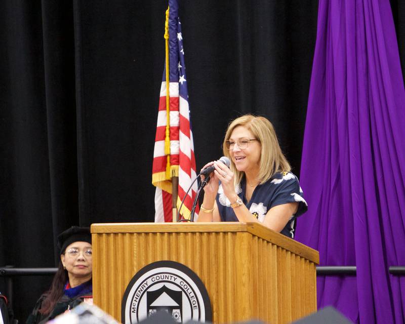 Distinguished Alum Dana Gliniecki speaks during the commencement at McHenry County College on Saturday May 11, 2024, in Crystal Lake.