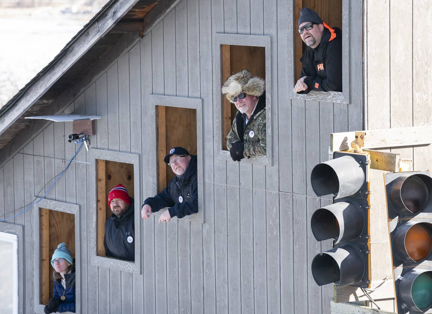 Judges watch as ski jumpers compete during the Norge Annual Winter Ski Jump Tournament on Sunday, January 26, 2025 at the Norge Ski Jump in Fox River Grove.
