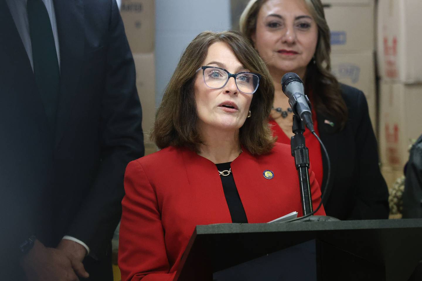 Illinois State Senator Meg Loughran Cappel speaks at a press conference to announce a $5,499 donate by the Illinois Treasury Department for the 4 K.I.D.S Sake food pantry on Thursday, Dec. 18, 2025 in Bolingbrook.