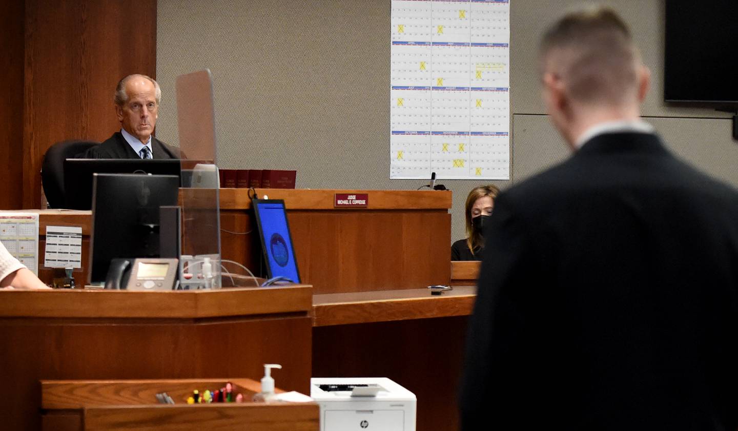 Judge Michael E. Coppedge listens to Brett Herold's statement before handing down the sentence Friday, Feb. 18, 2022, at the McHenry County courthouse in Woodstock. Herold pleaded guilty in October to driving under the influence and failing to report a fatal crash.