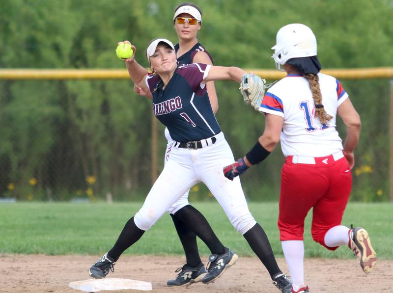 Morrison’s Kiyah Wolber, right, is forced at second base by Marengo’s Gabby Christopher in IHSA Class 2A Sectional Semifinal softball action at Marian Central High School in Woodstock on Thursday, May 29, 2025.