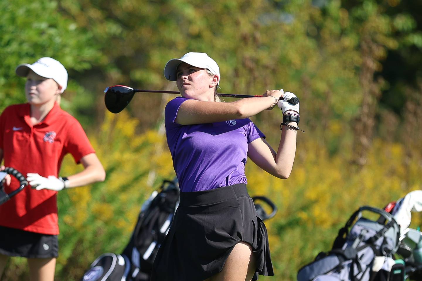Joliet Township's Sophia Podmolik drives off the 12th hole in the 2A Rich Township Regional girls golf tournament on Tuesday, Sept. 30, 2025 in University Park.