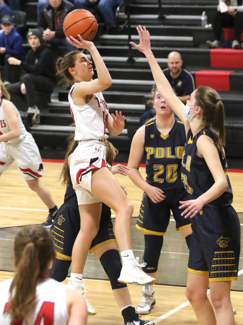 Indian Creek's Isabella Turner shoots over Polo's Lindee Poper during their Class 1A regional game Tuesday, Feb. 15, 2022, at Indian Creek High School in Shabbona.
