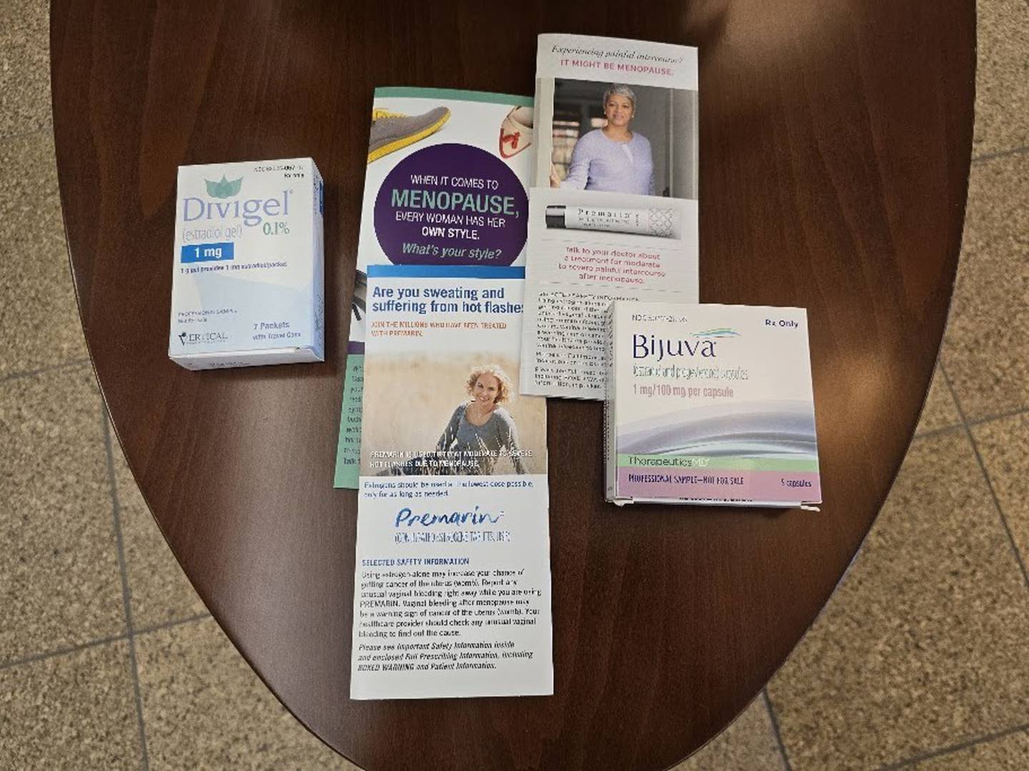 Using hormone replacement products to treat menopausal symptoms began in 1942 when the FDA approved Premarin, an oral estrogen therapy derived from pregnant mares, for hot flashes. Literature about Premarin is seen with other literature about menopause and hormone replacement therapies on Wednesday, March 4, 2026, at Prime Healthcare’s Saint Joseph Medical Center.