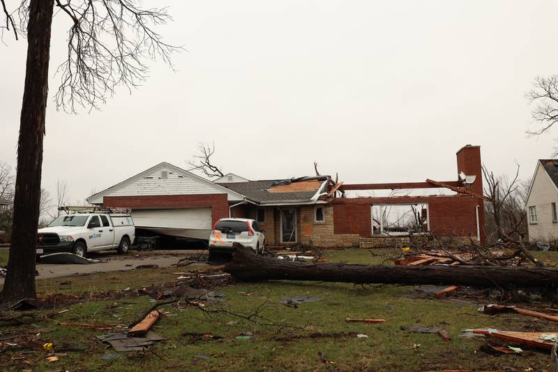 Damage is seen along Elmwood Drive in Aroma Park  on March 11, 2026 following a March 10 tornado that passed through Kankakee County.