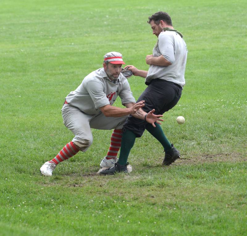 Ganymede third baseman Kevin Strohecker prepares to catch a throw during Sunday, Aug. 13, 2023 action at the 20th Annual World Tournament of Historic Base Ball.