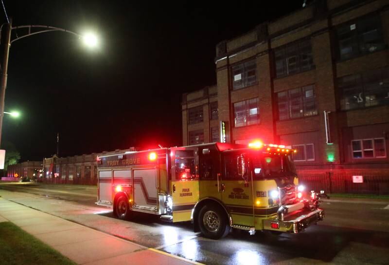 A Troy Grove firetruck is parked outside the Westclox building on Friday, July 14, 2023 in Peru. The fire began at 8:19p.m. A MABAS box alarm was issued to the fourth level and then brought back down after the fire was contained.