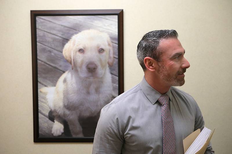 McHenry County Sheriff Robb Tadelman waits in line at the county clerk's office on Monday, Oct. 27, 2025, to file his paperwork to run for reelection in the Spring 2026 primary.