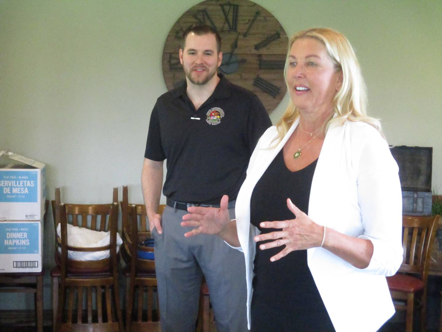 State Sen. Sue Rezin, R-Morris, speaks to the Yorkville Area Chamber of Commerce as state Rep. David Welter, R-Morris, listens, on May 10, 2022 at Kennedy Pointe Restaurant and Pub. (Mark Foster -- mfoster@shawmedia.com)