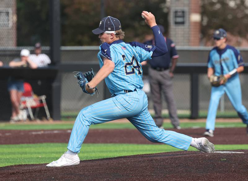 Marquette's Anthony Couch delivers a pitch Monday, June 2, 2025, during their Class 1A supersectional game against Fulton at Northern Illinois University in DeKalb.